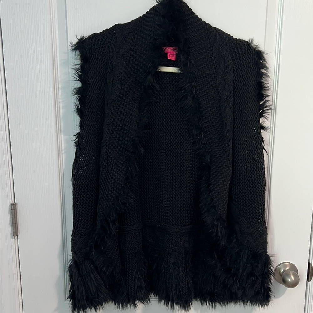Lilly Pulitzer Black Faux Fur Trim Knit Cardigan Vest